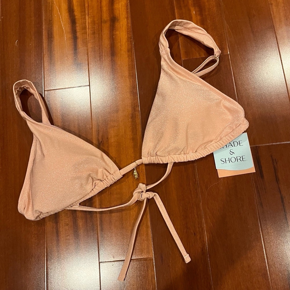 New NWT SHADE & SHORE Bikini Swim Top Peach Blush Metallic Shimmery Triangle XL